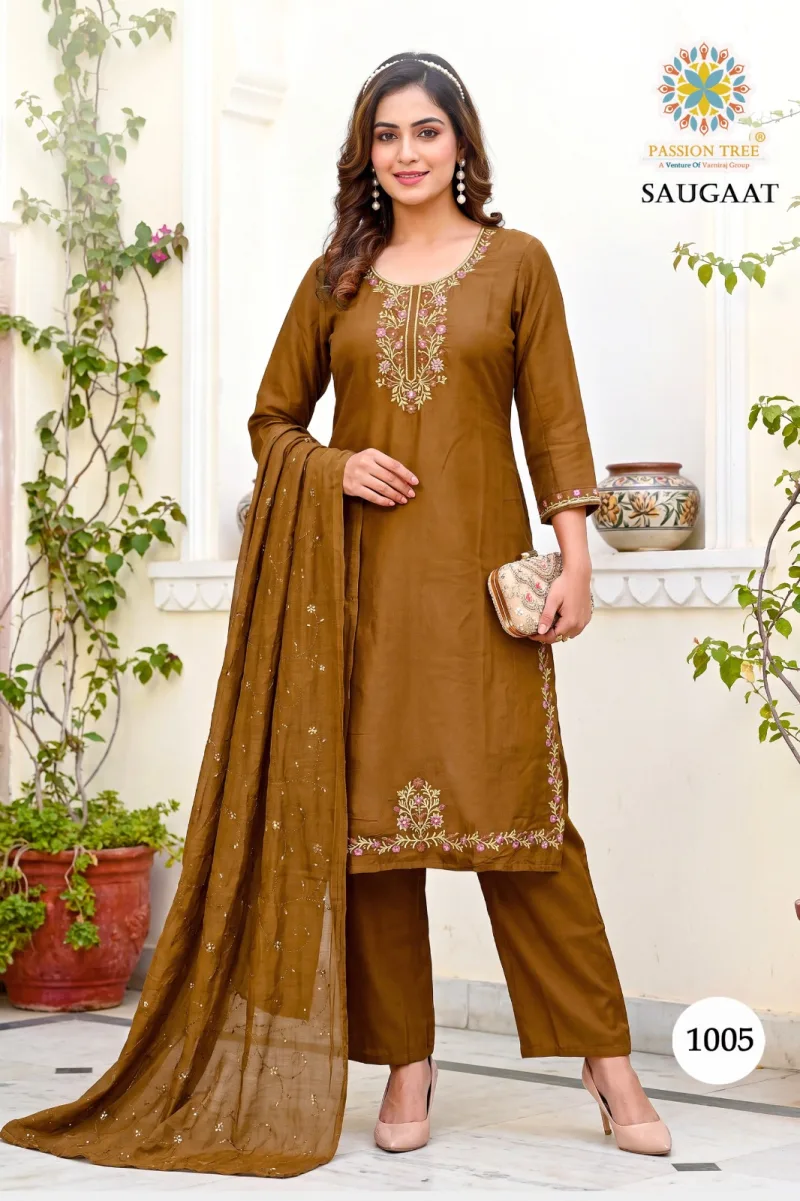 Saugaat Vol 1 By Passion Tree Mal Chanderi Kurti With Bottom Dupatta 